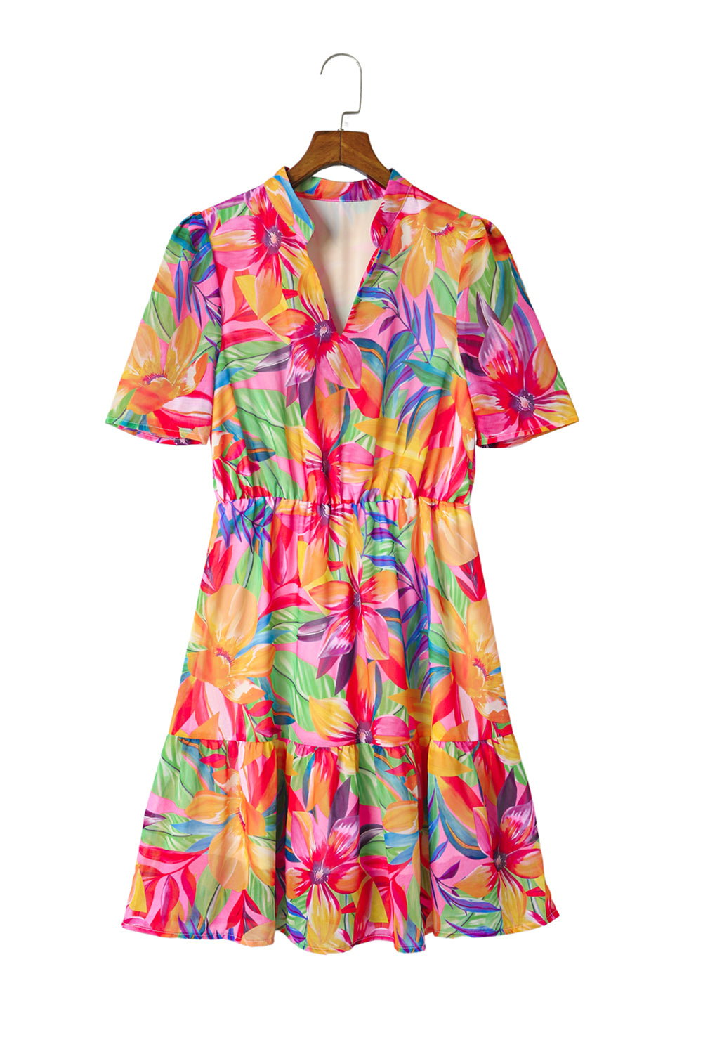 Multicolor Floral Print V Neck Short Sleeve Flared Dress