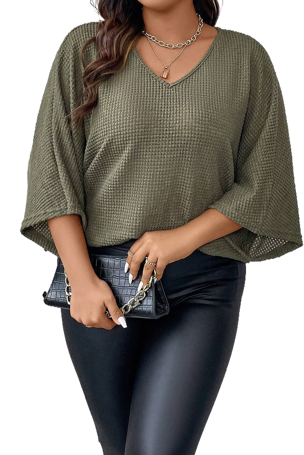 Jungle Green Plus Size V Neck Textured Knit Dolman Top