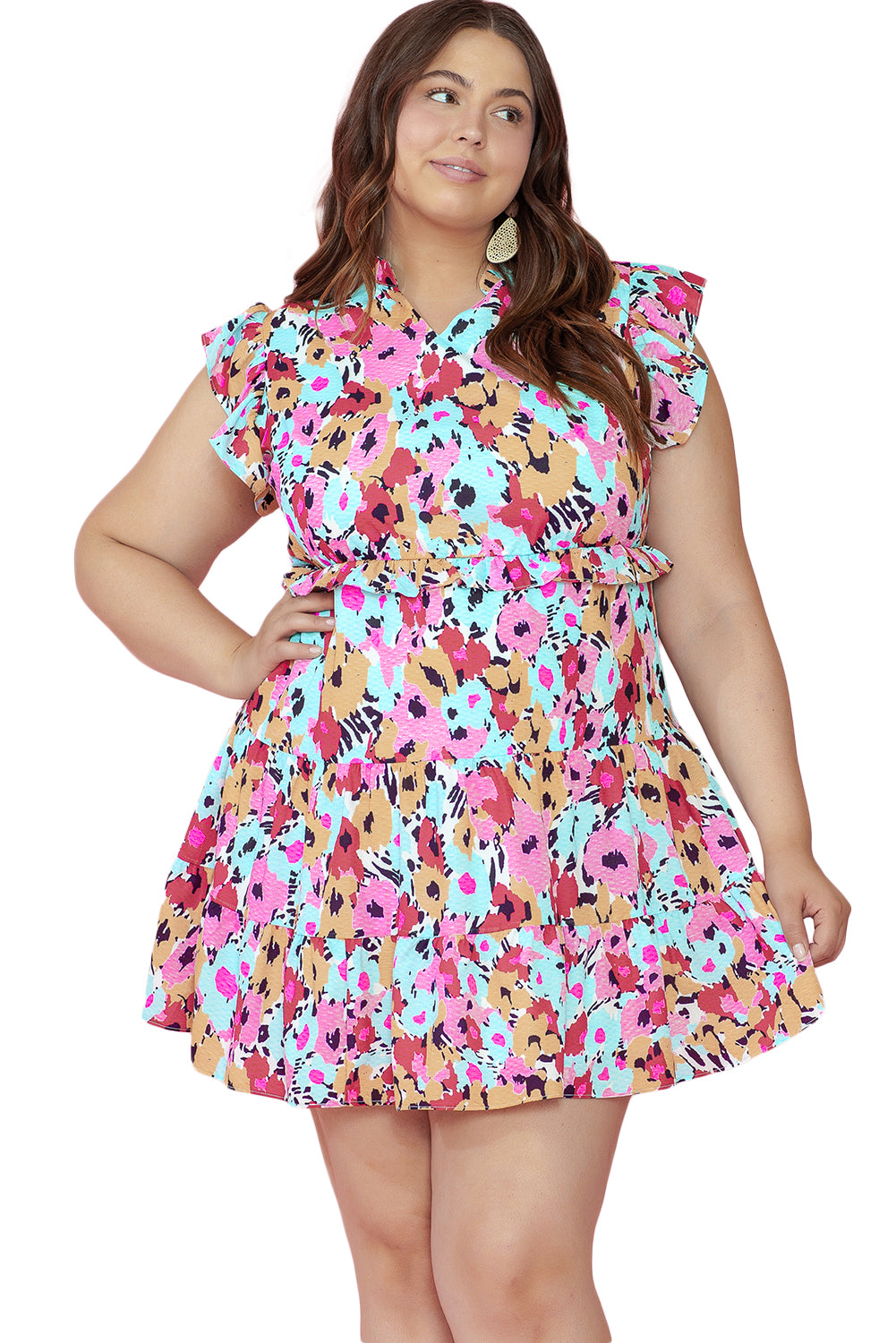 Red Floral Print Ruffled Cap Sleeve Plus Size Mini Dress