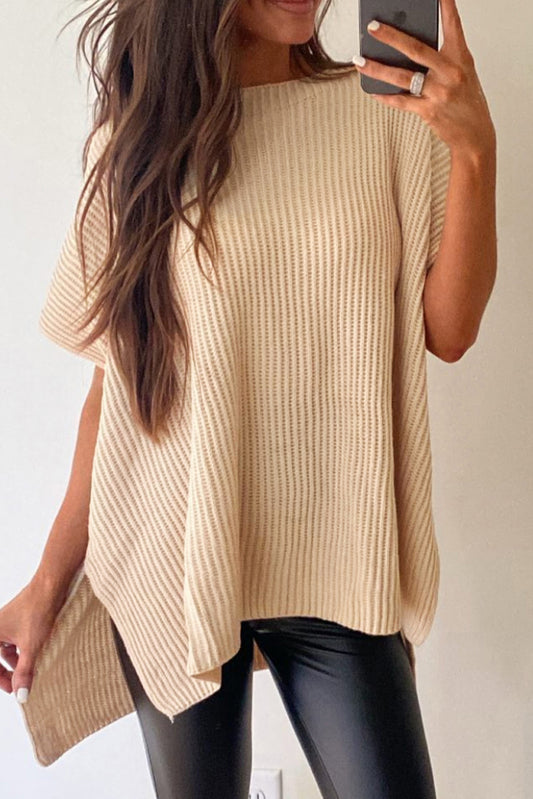 Apricot Side Slit Short Sleeve Oversized Sweater