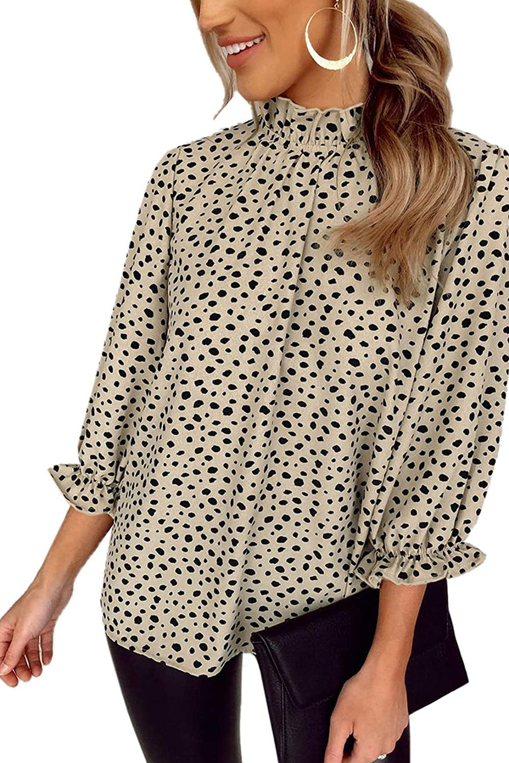 Khaki Leopard 3/4 Ruffle Sleeve Frill Neck Blouse