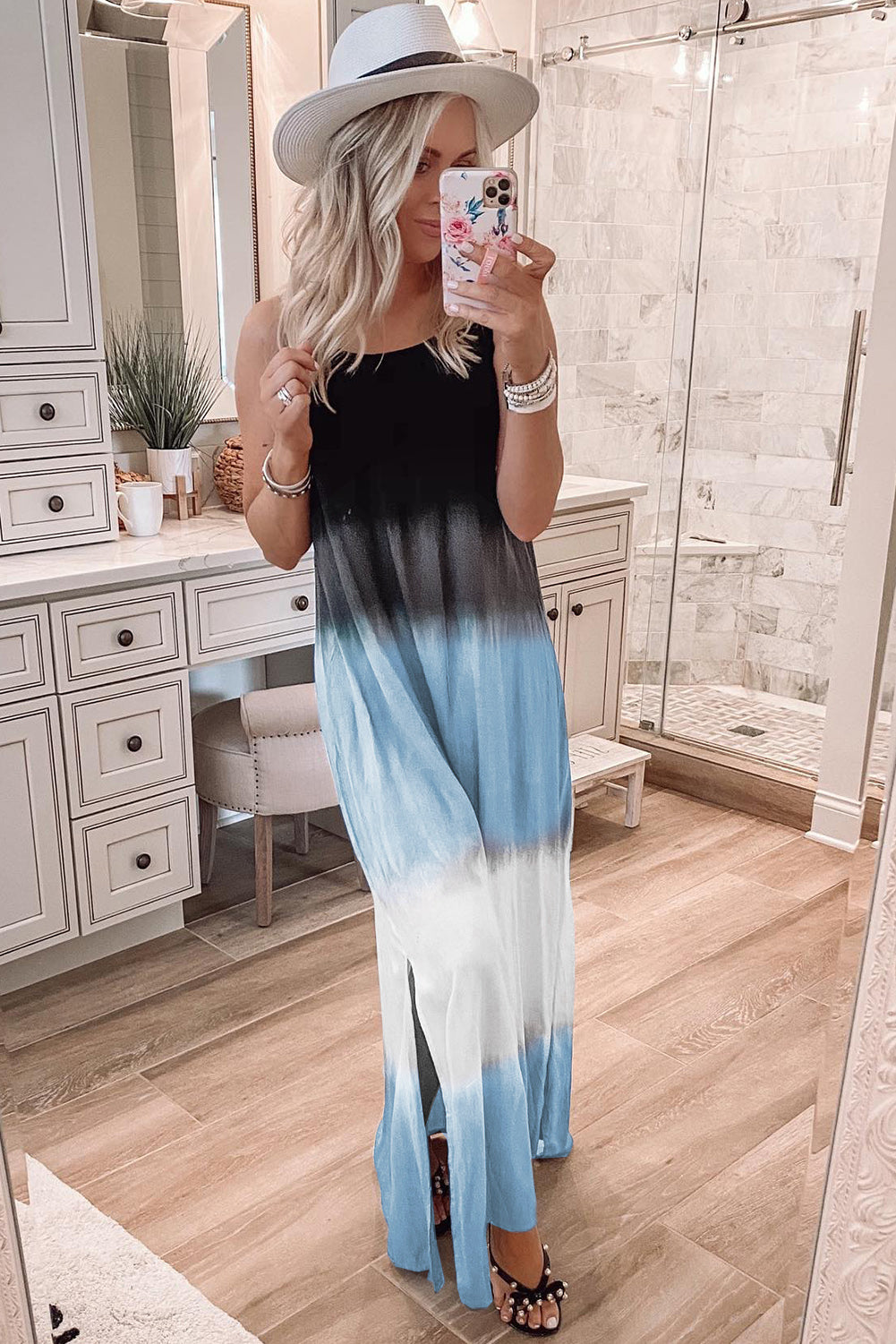 Sky Blue Tie Dye Spaghetti Strap Slit Maxi Dress