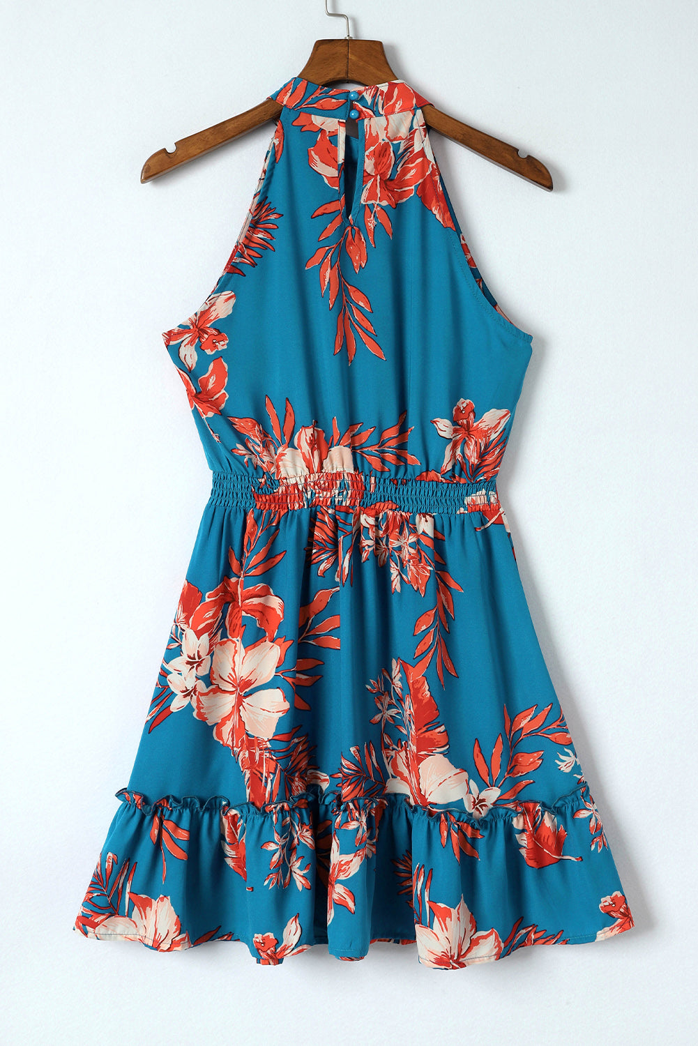 Sky Blue Floral Print Sleeveless Ruffled Short Dress