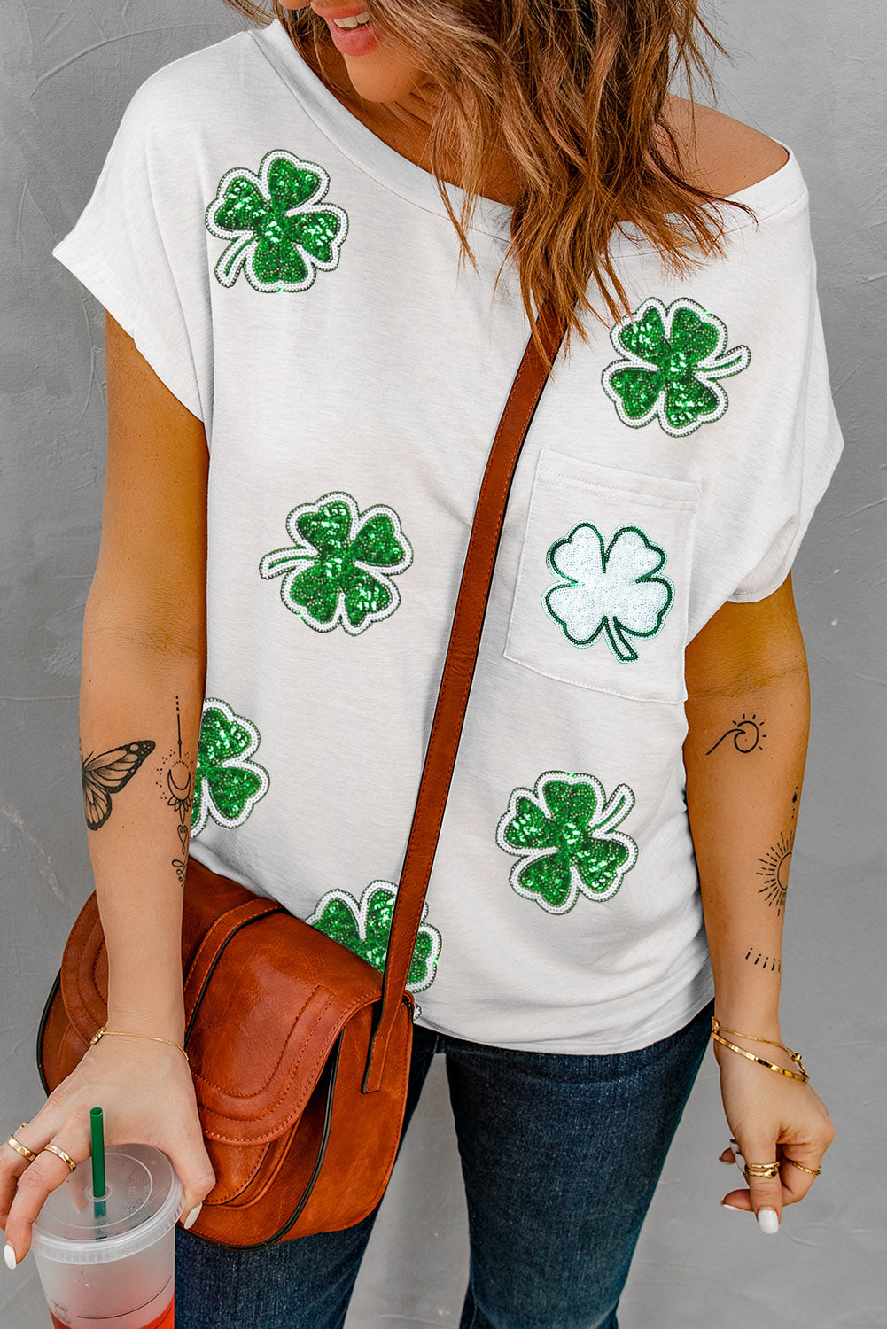 White Sequin St Patrick Clover Patch Pocket Loose Graphic Tee