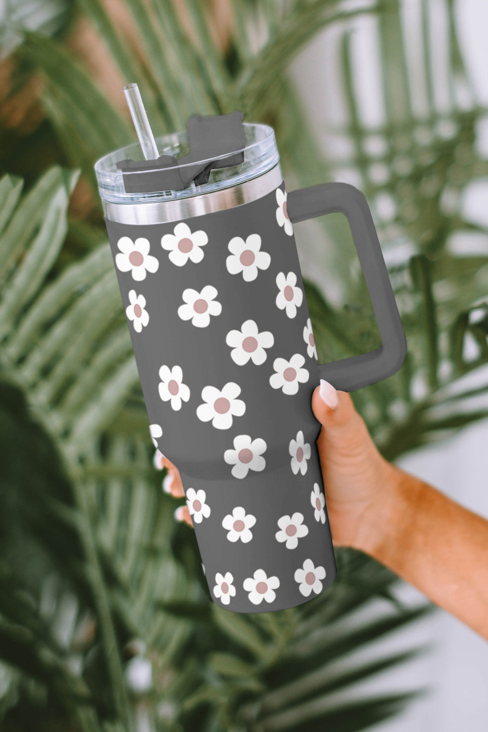 Black Floret Print Stainless Tumbler With Lid And Straw