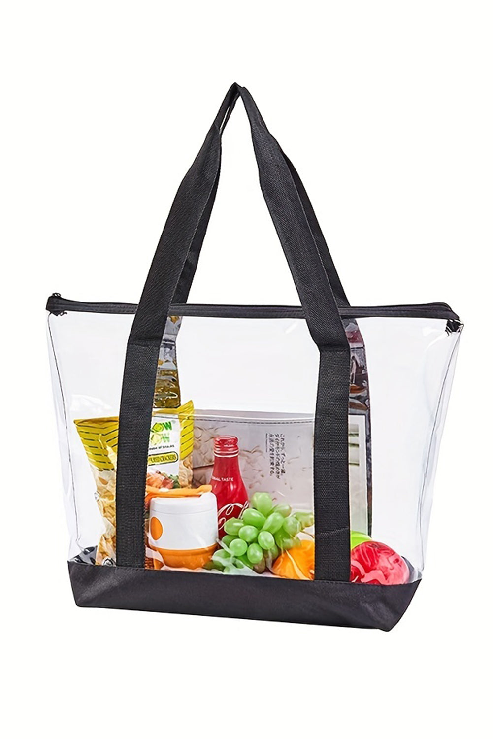 Black Contrast Trim Zipped Clear Tote Bag