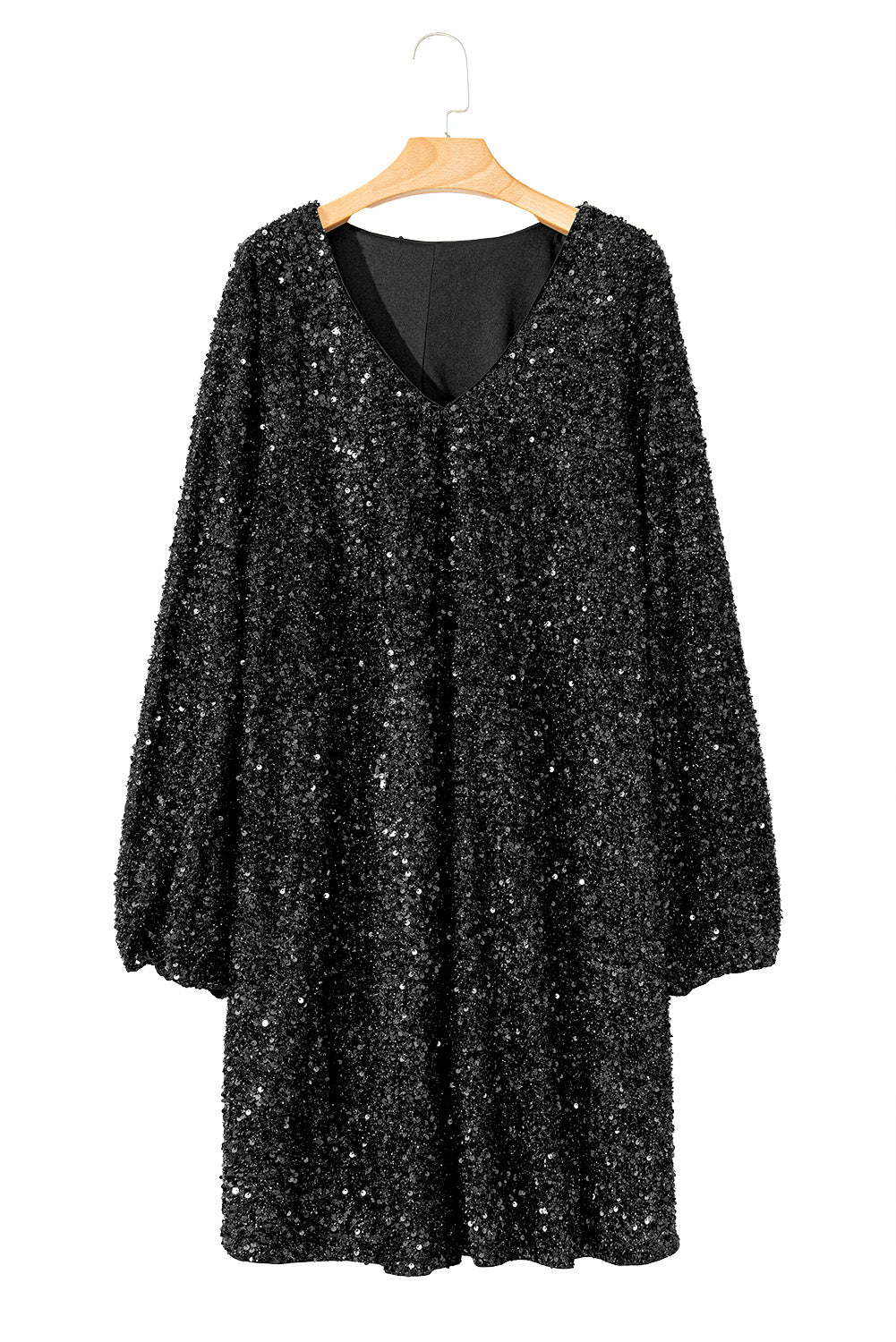 Black Plus Size Bubble Sleeve V Neck Sequin Dress