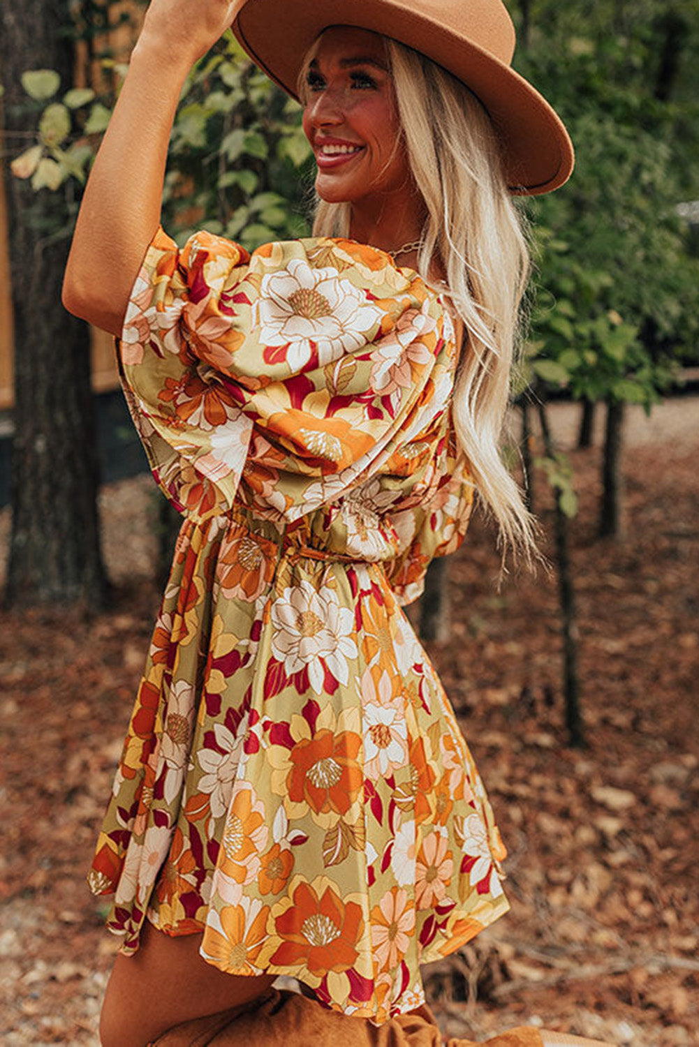 Multicolor Floral Printed Square Neck Half Sleeve Mini Dress