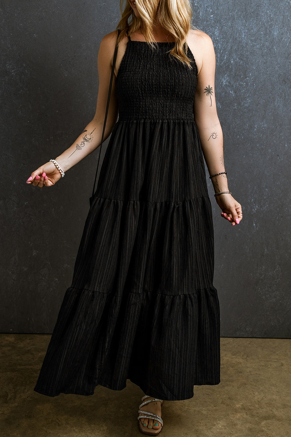 Black Smocked Pleated Sleeveless Flared Maxi Dress