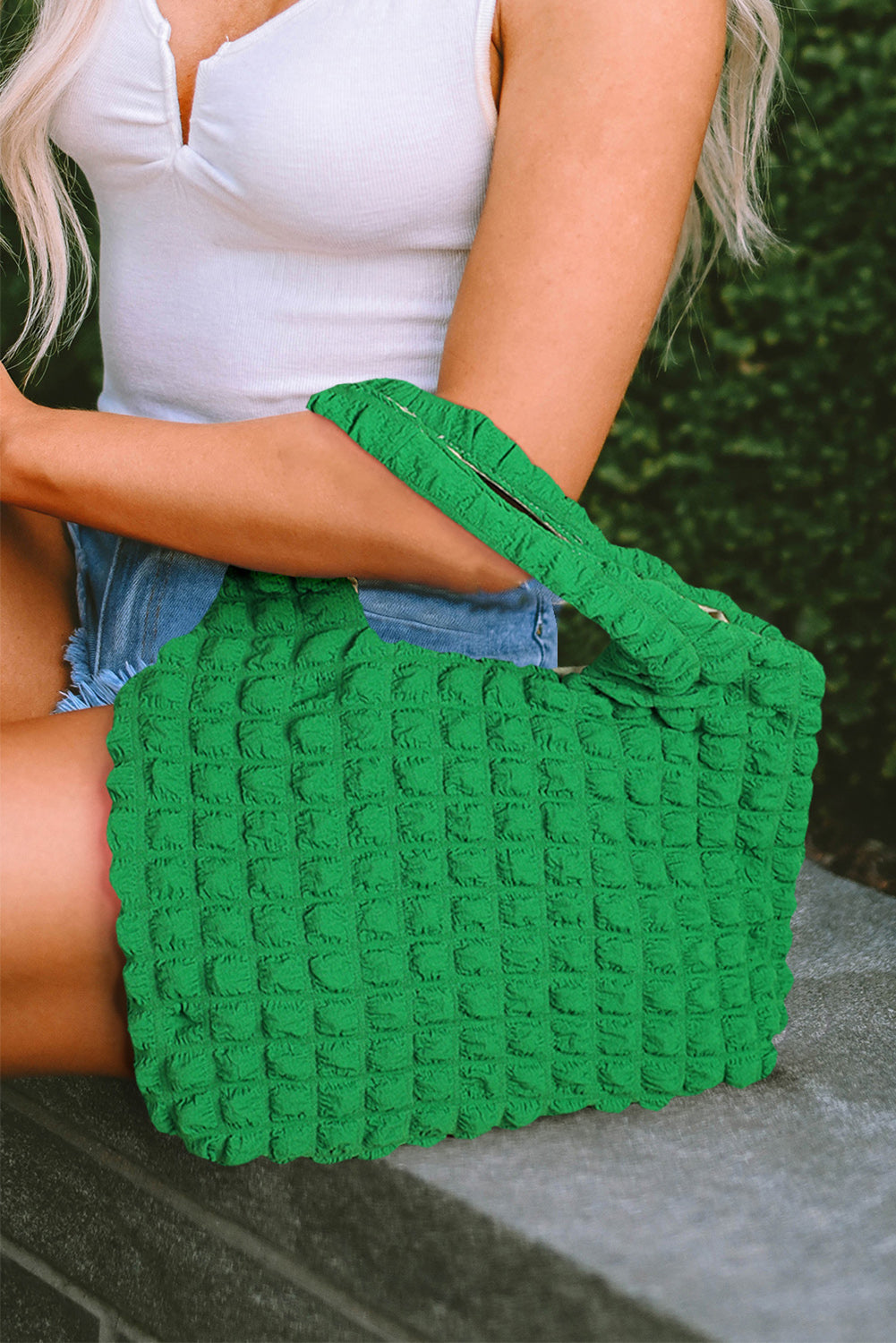 Green Textured Pleated Bubble Shoulder Bag