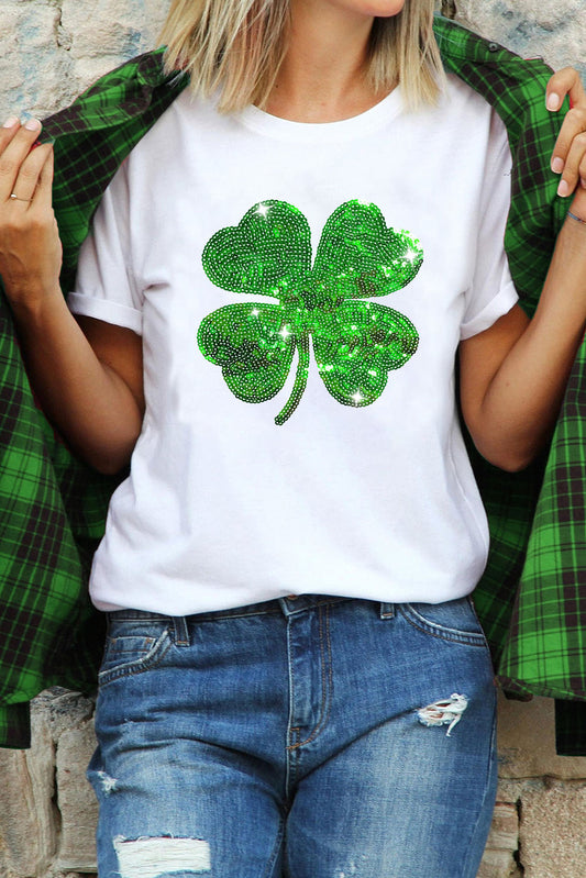 White St Patricks Day Sequin Clover Patch Graphic Tee