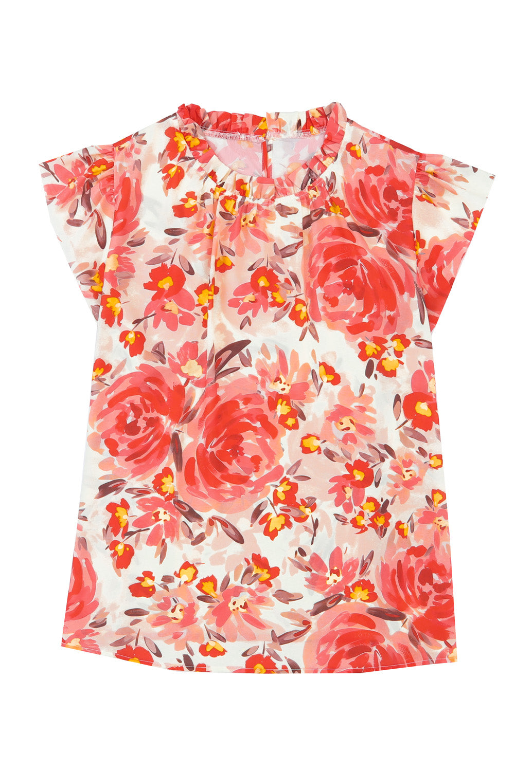 Red Plus Size Watercolor Floral Print Frill Neck Blouse