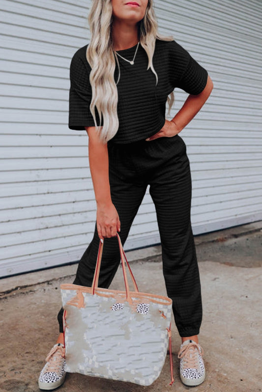 Black Textured Cropped Tee and Jogger Pants Set