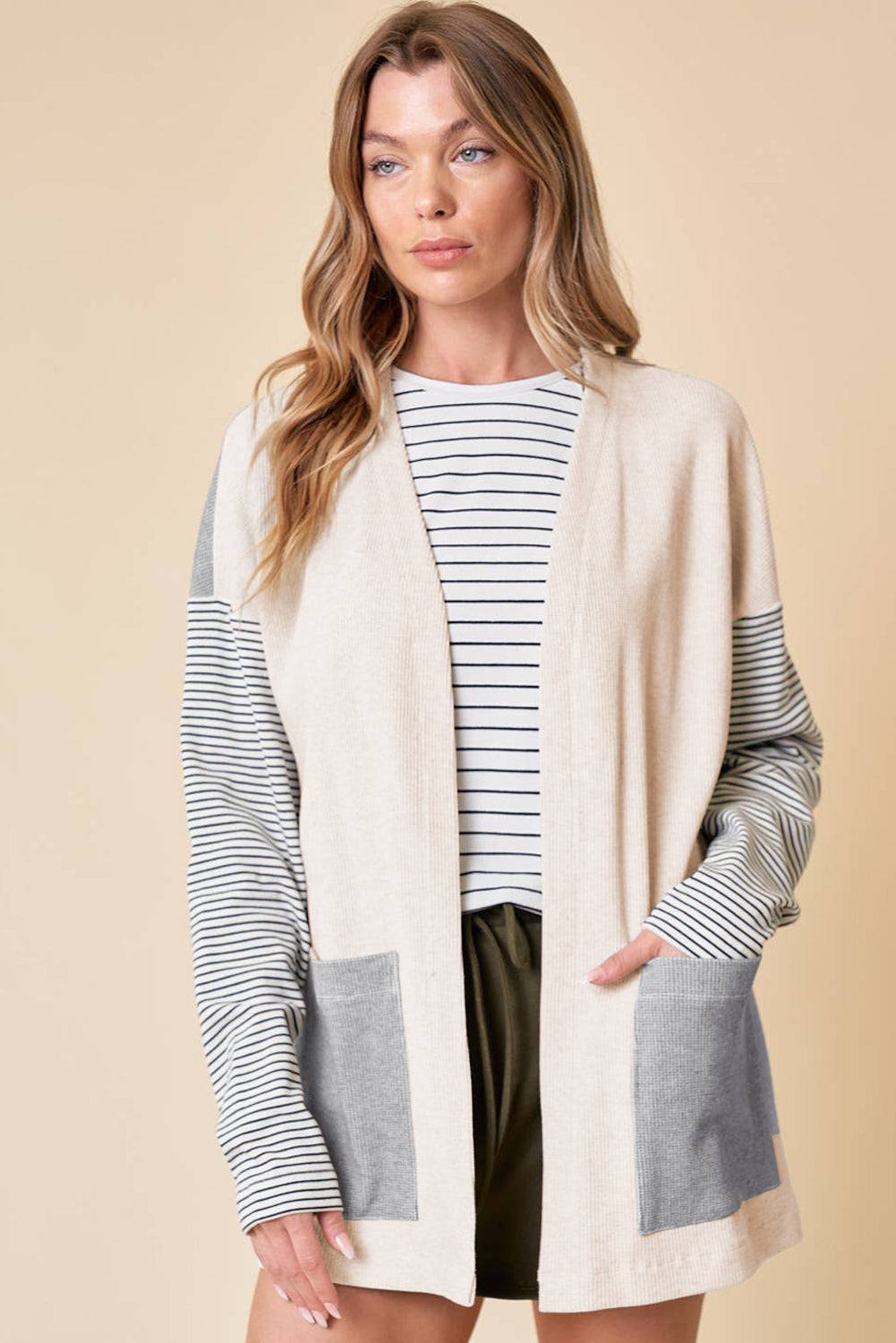 Black Striped Patchwork Pocket Open Front Cardigan