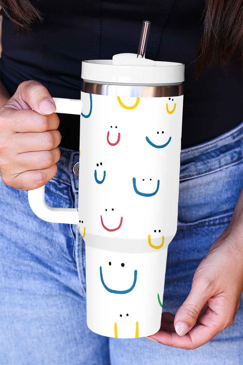 White Smiling Face Print Handle Vacuum Cup 1200ml