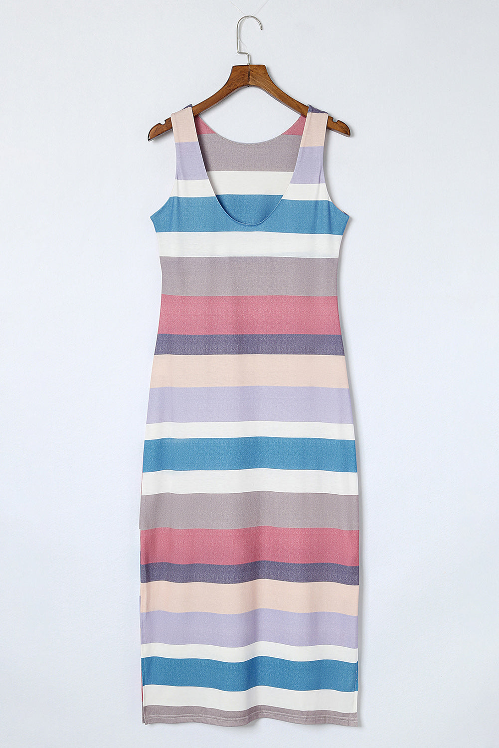 Multicolor Stripe Print Slit Maxi Tank Maxi Dress