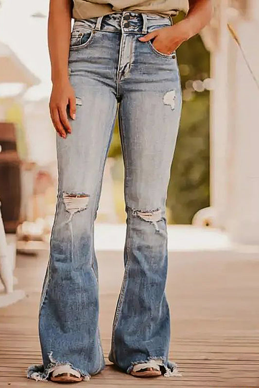 Dusk Blue Vintage Light Wash Ripped Raw Edge Flare Jeans