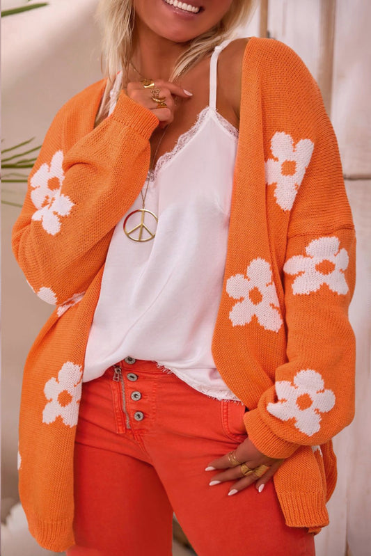 Orange 60s Flower Pattern Drop Shoulder Plus Size Cardigan