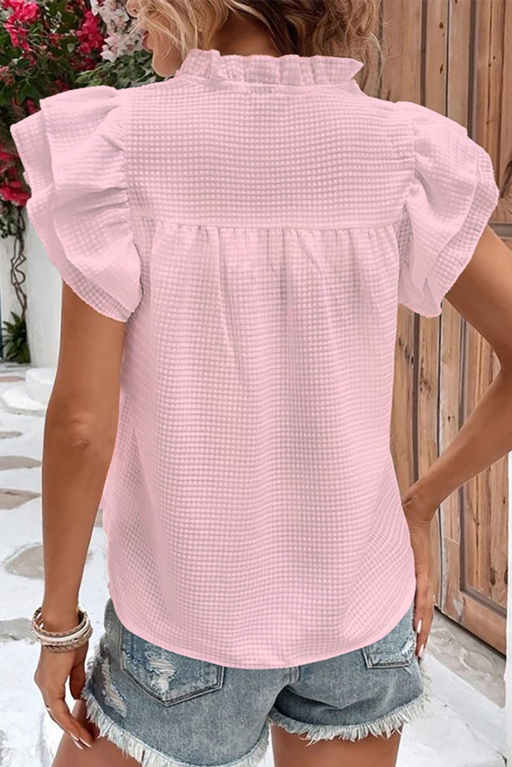 Pink Plain Textured Tiered Ruffle Sleeve Blouse