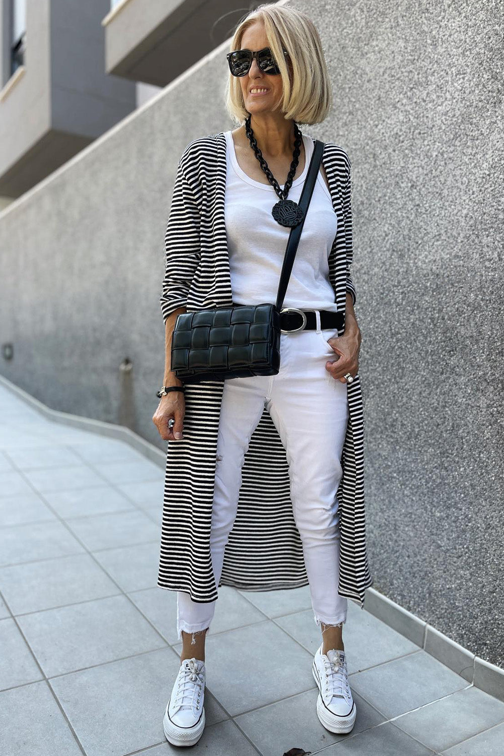 Black and White Striped Print Open Front Long Cardigan