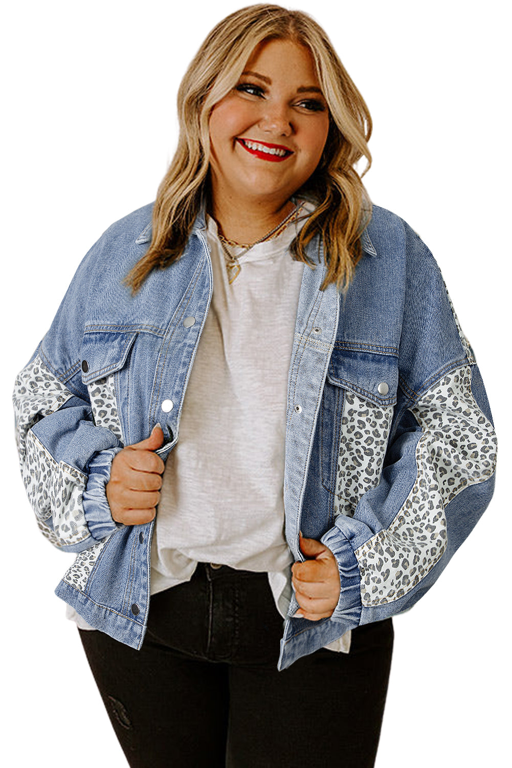 Beau Blue Leopard Patchwork Plus Size Denim Jacket