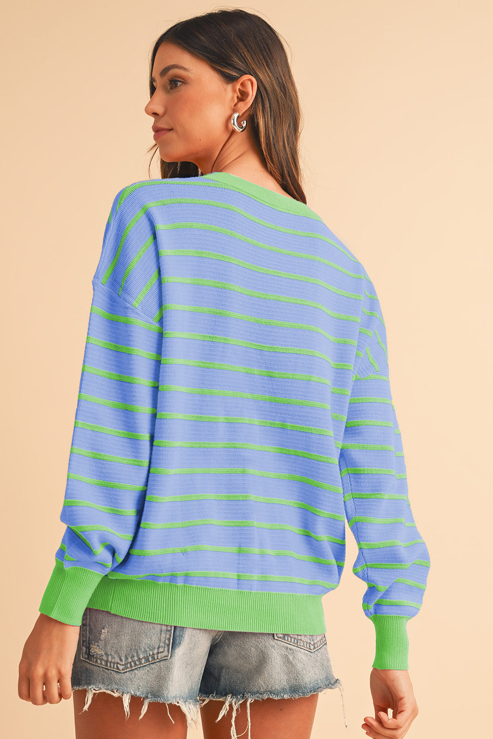 Sky Blue Stripe Round Neck Drop Shoulder Loose Sweater