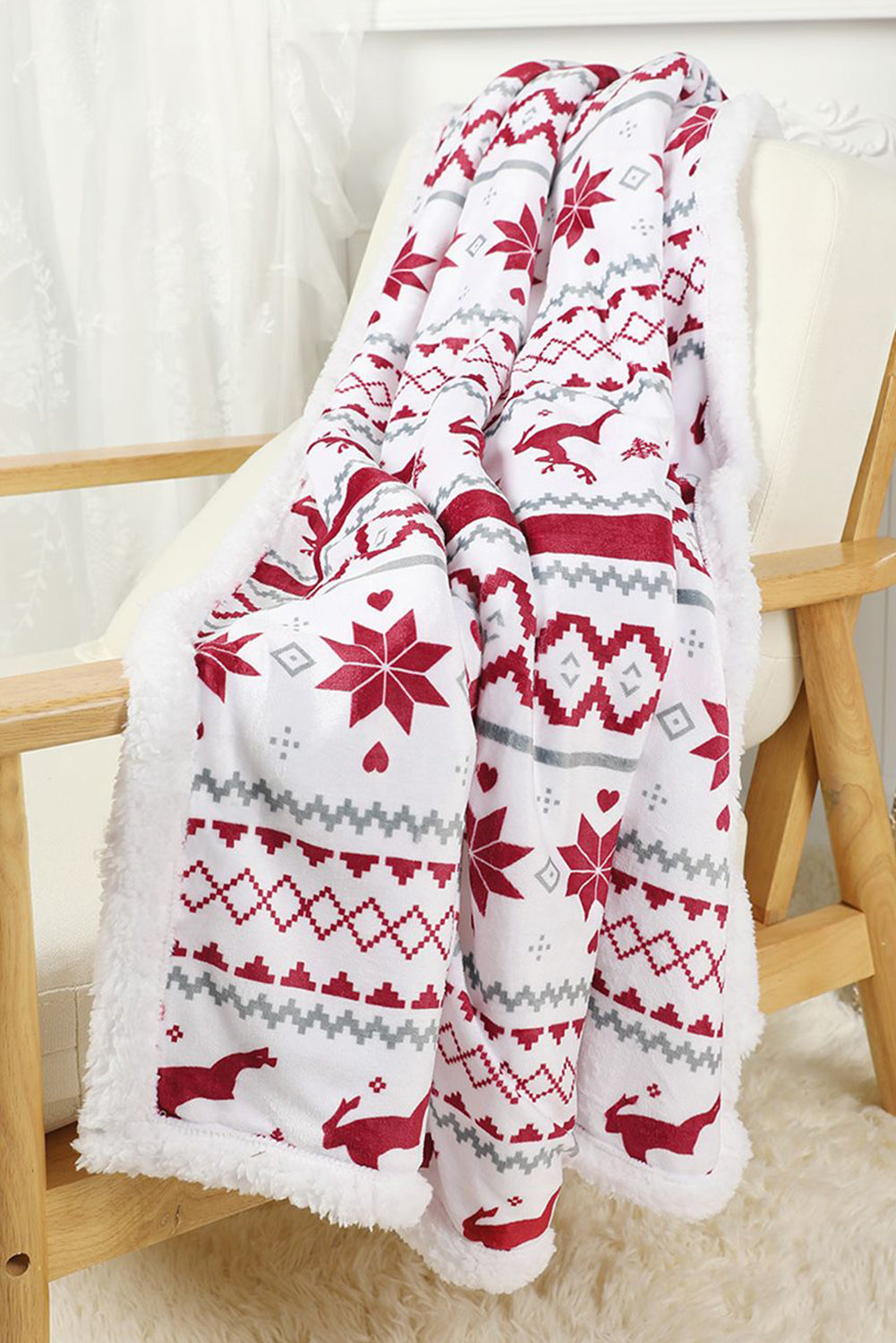 Snow White Christmas Reindeer Snowflake Printed Sherpa Blanket