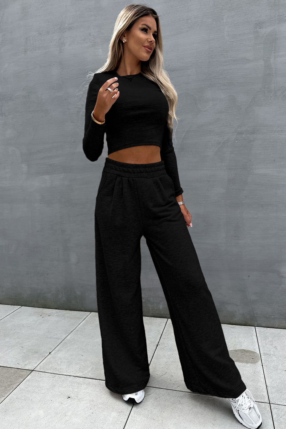 Black Long Sleeve Crop Top And Wide Leg Pants Set