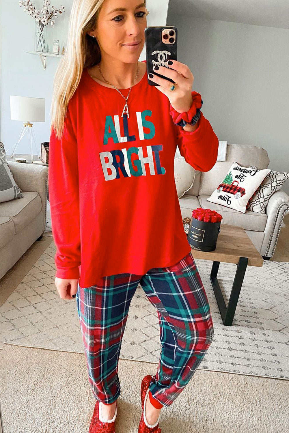 Multicolor ALL IS BRIGHT Christmas Plaid Pajama Set