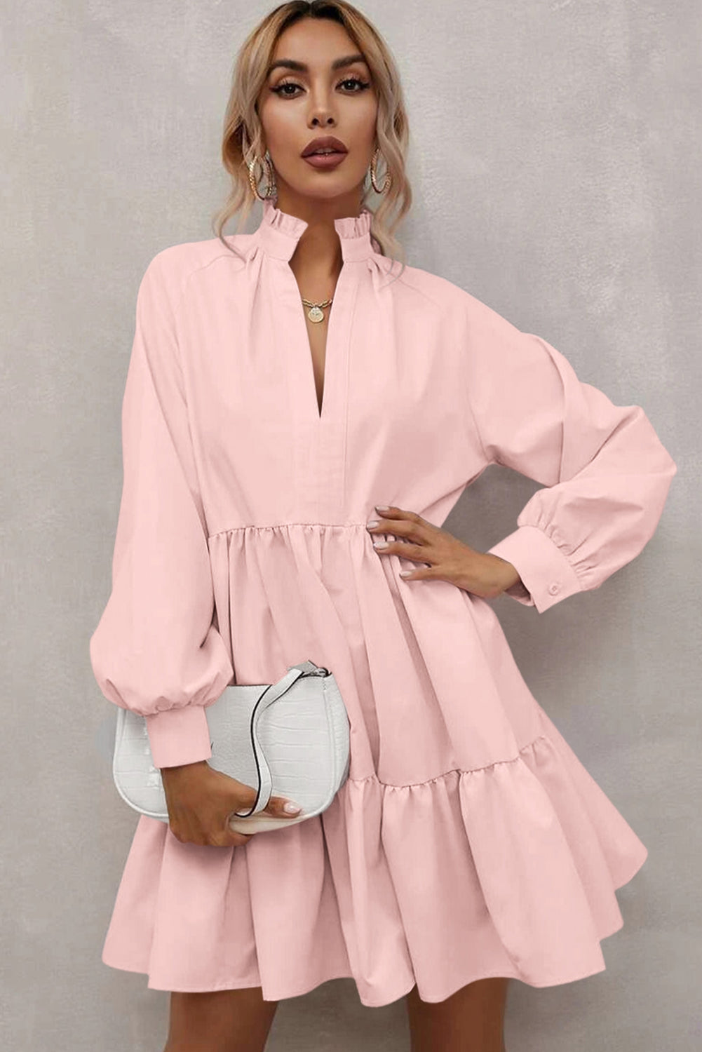 Pink Elegant Stand V Neck Short Frill Dress