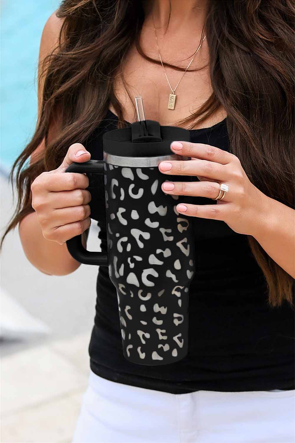 Pink 40oz Stainless Steel Portable Leopard Tumbler Mug With Handle