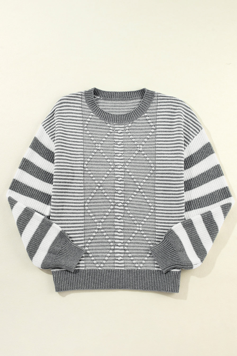 Gray Stripe Twisted Knitted Drop Shoulder Sweater