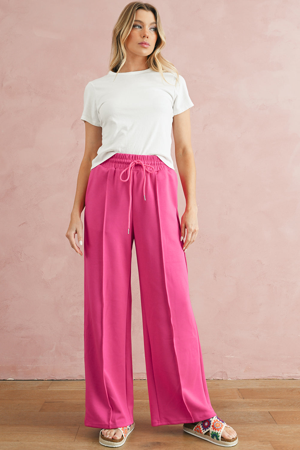 Rose Red Drawstring Smocked Waist Wide Leg Pants