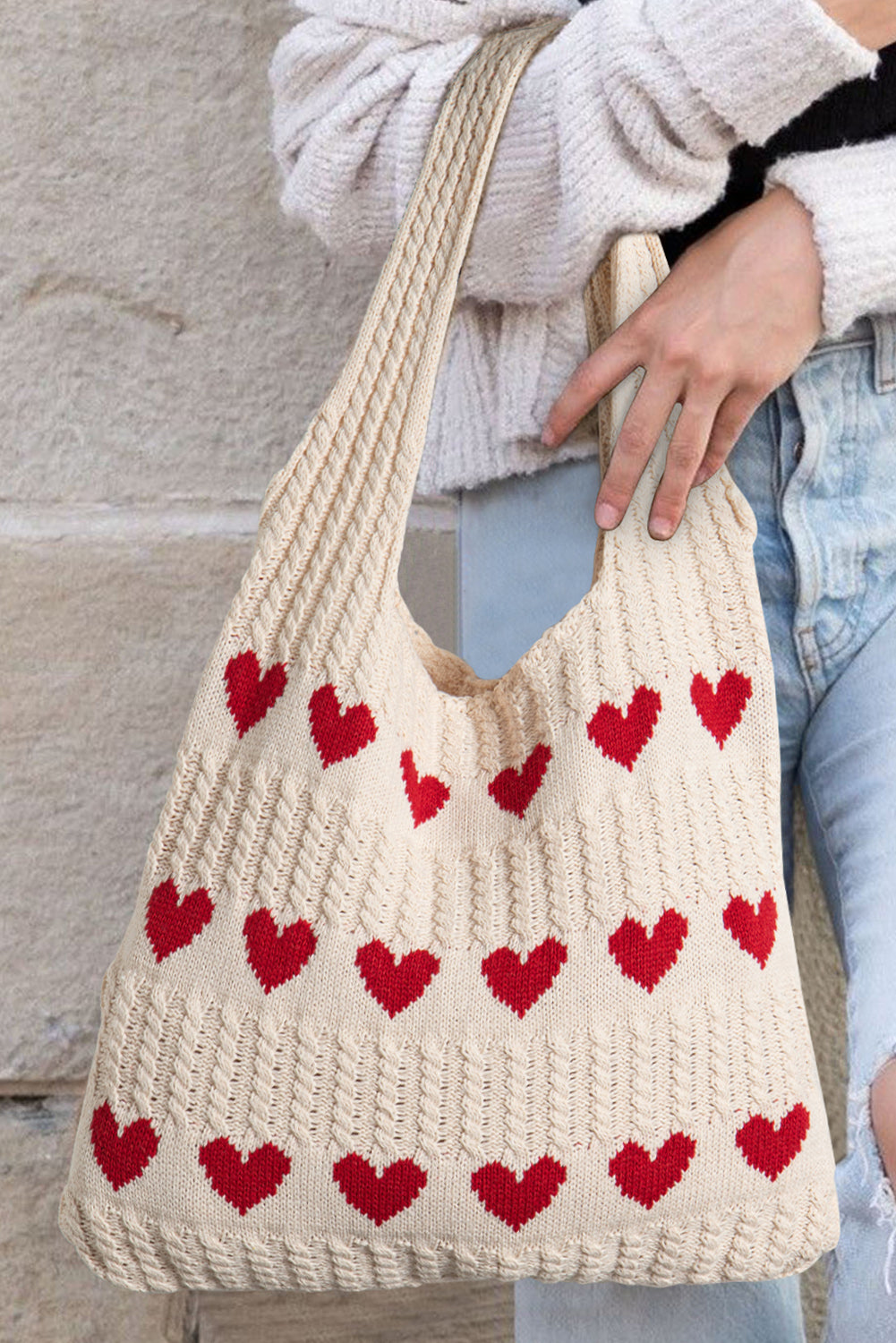 Blue Colorblock Heart Pattern Knit Shoulder Bag