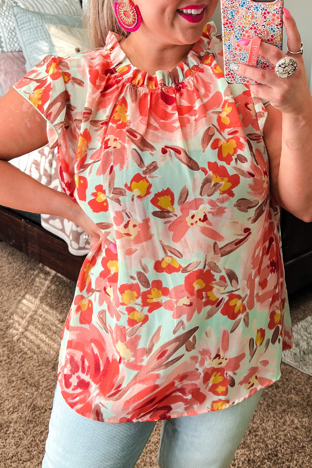 Red Plus Size Watercolor Floral Print Frill Neck Blouse