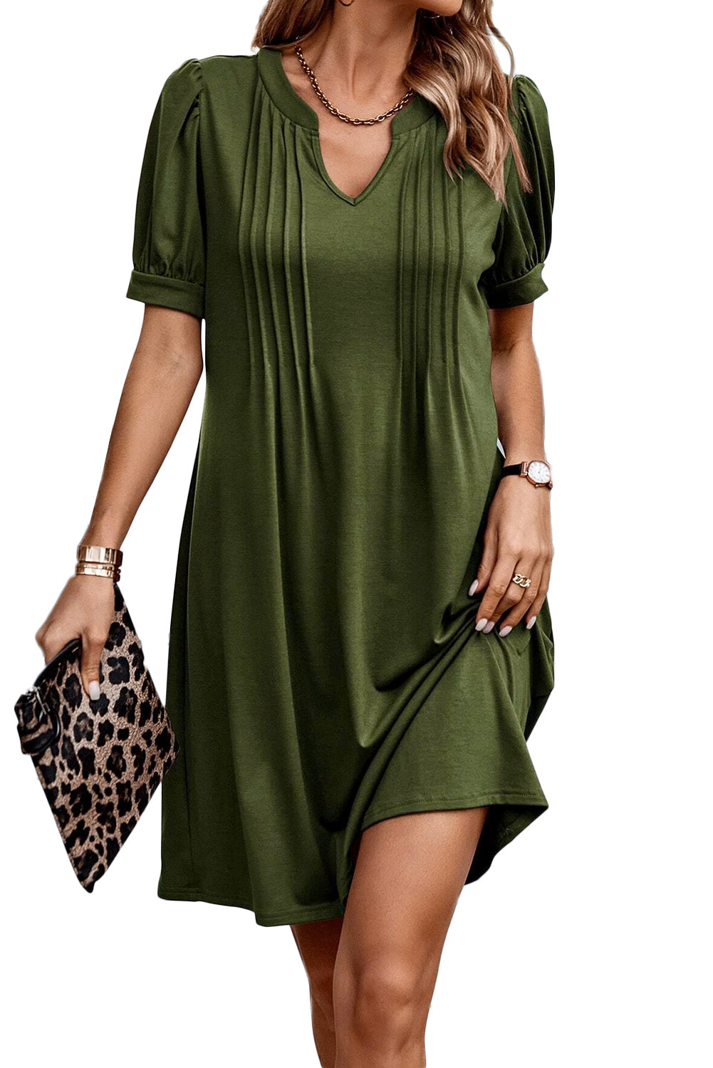 Desert Palm Notched Neck Pleated Puff Sleeve T Shirt Dress