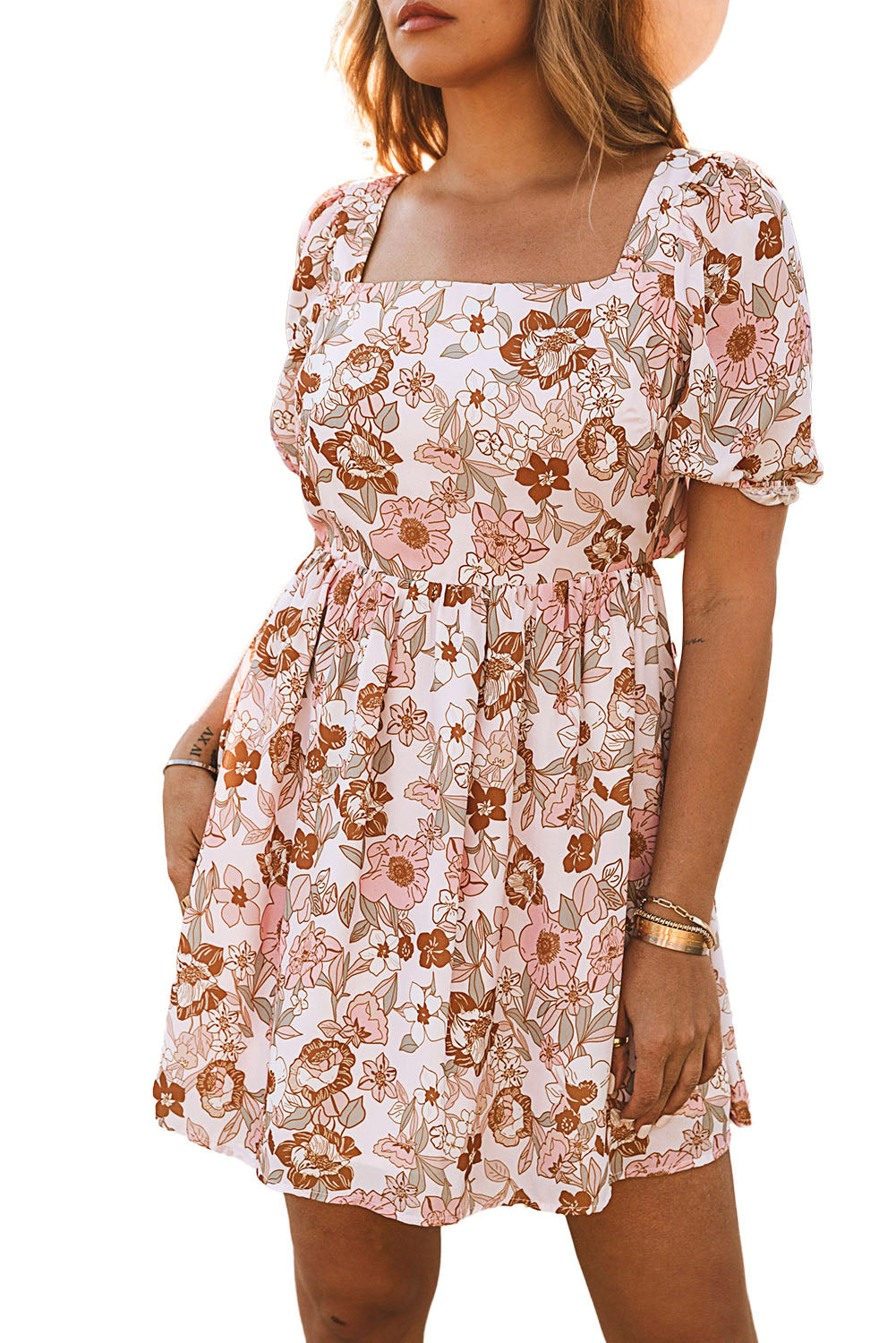 White Floral Print Square Neck Knot Backless Short Dress