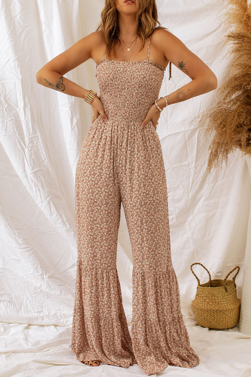 Khaki Floral Thin Straps Smocked Bodice Wide Leg Jumpsuit