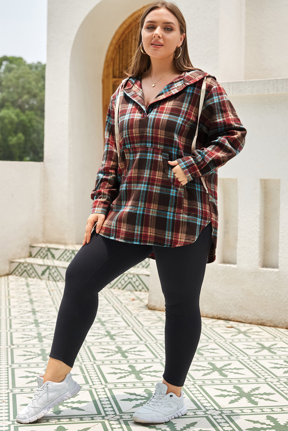 Red Plus Size Plaid Kangaroo Pocket Drawstring Hoodie