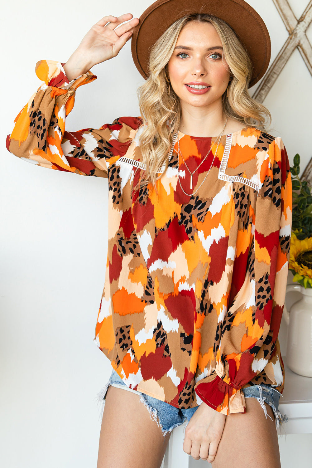 Multicolor Abstract Bohemian Puff Sleeve Blouse