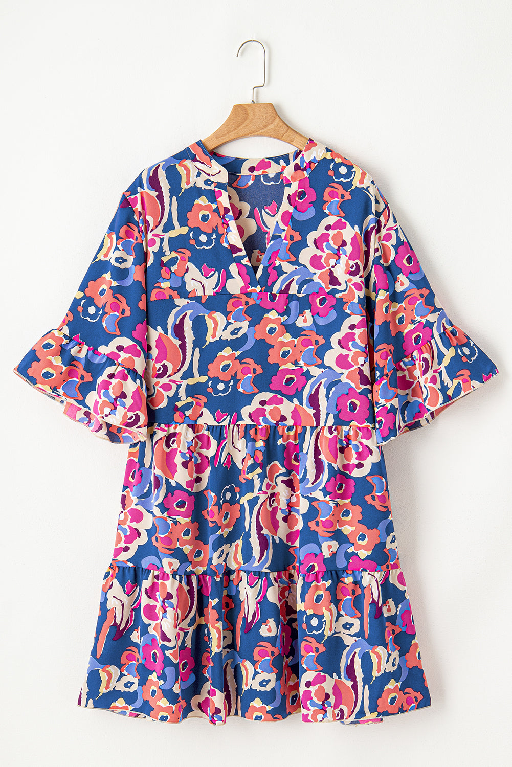 Blue Plus Size Floral Print Bell Sleeve Mini Dress