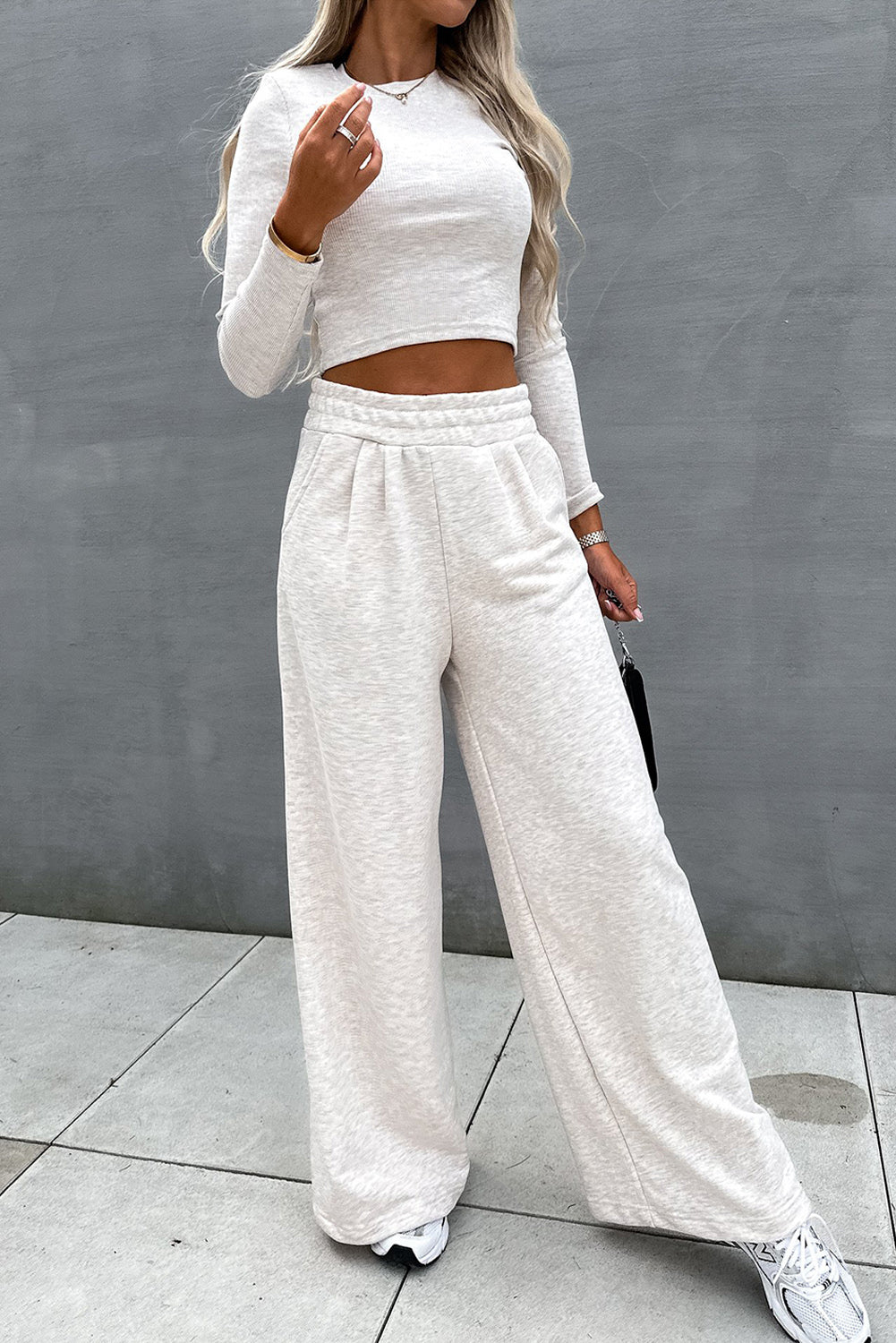 Black Long Sleeve Crop Top And Wide Leg Pants Set