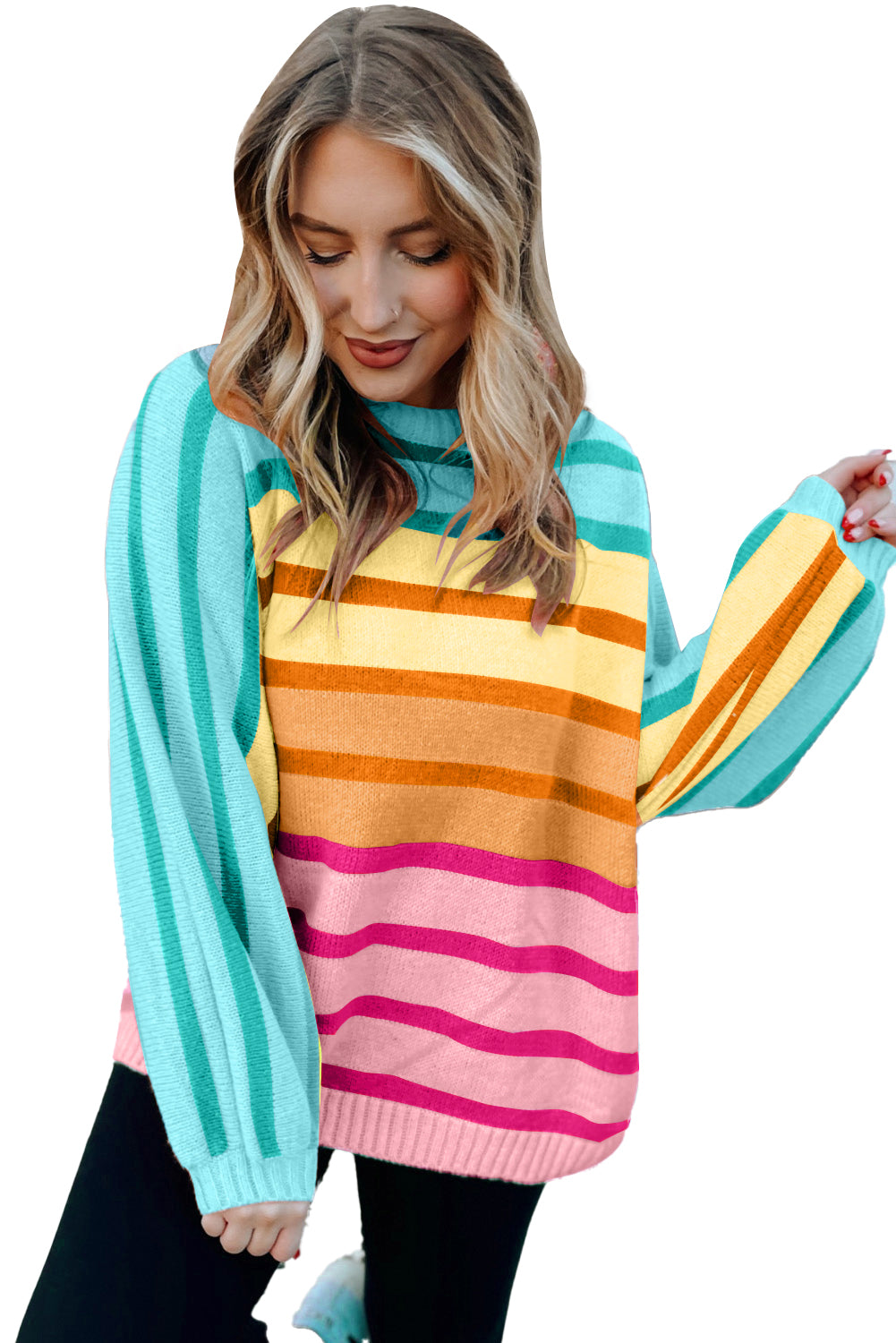 Multicolour Striped Ribbed Edge Gradient Loose Sweater