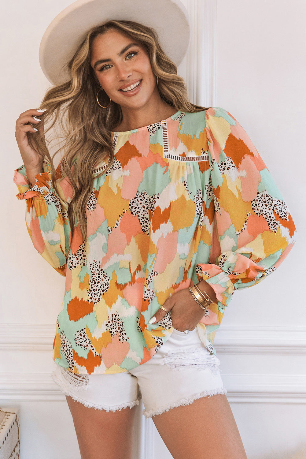 Multicolor Abstract Bohemian Puff Sleeve Blouse