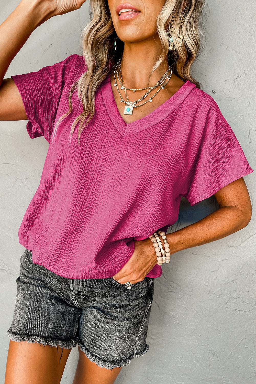 Blue Plain Crinkled V Neck Flounce Sleeve Blouse