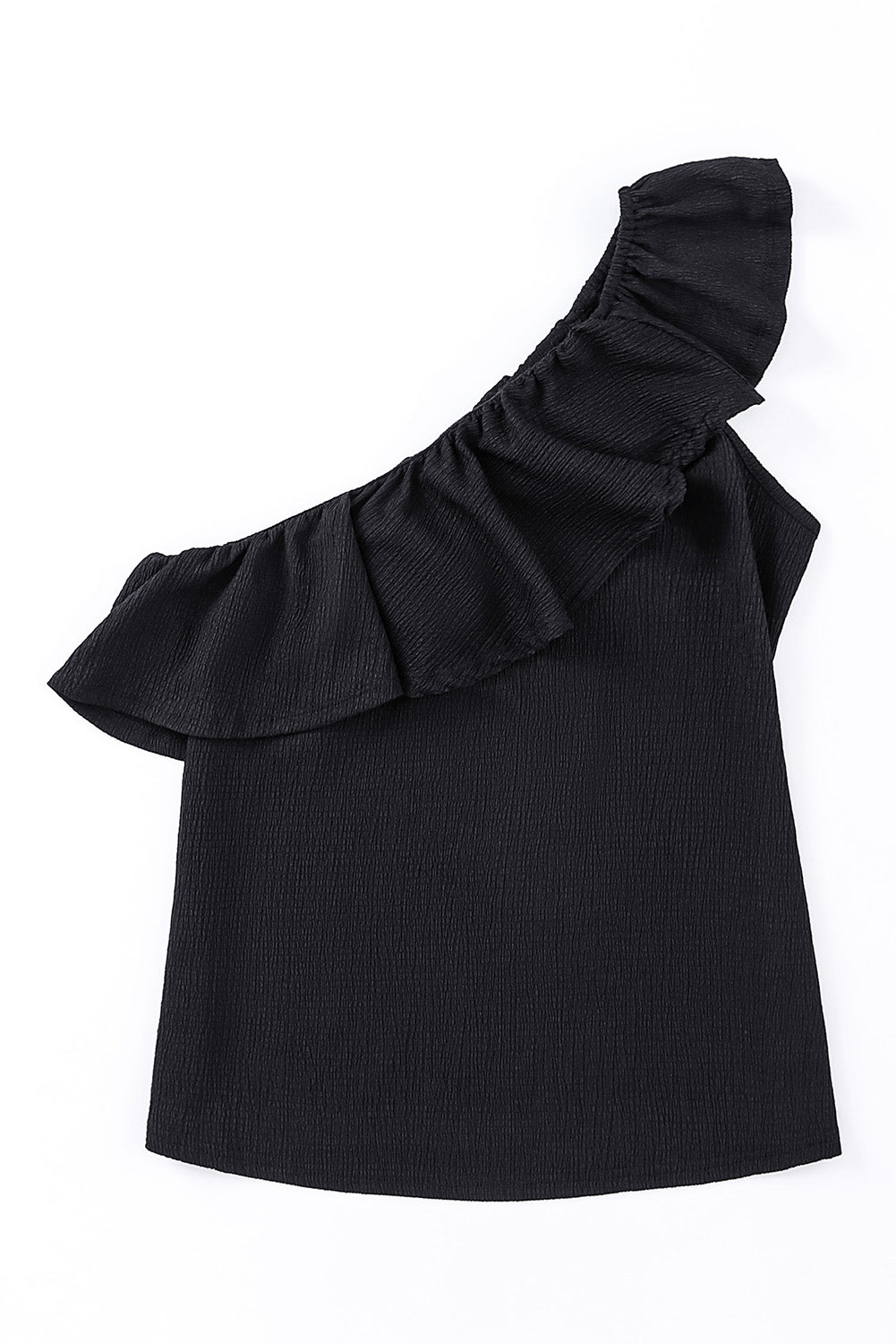 Black Textured Ruffle Trim Sleeveless One Shoulder Top