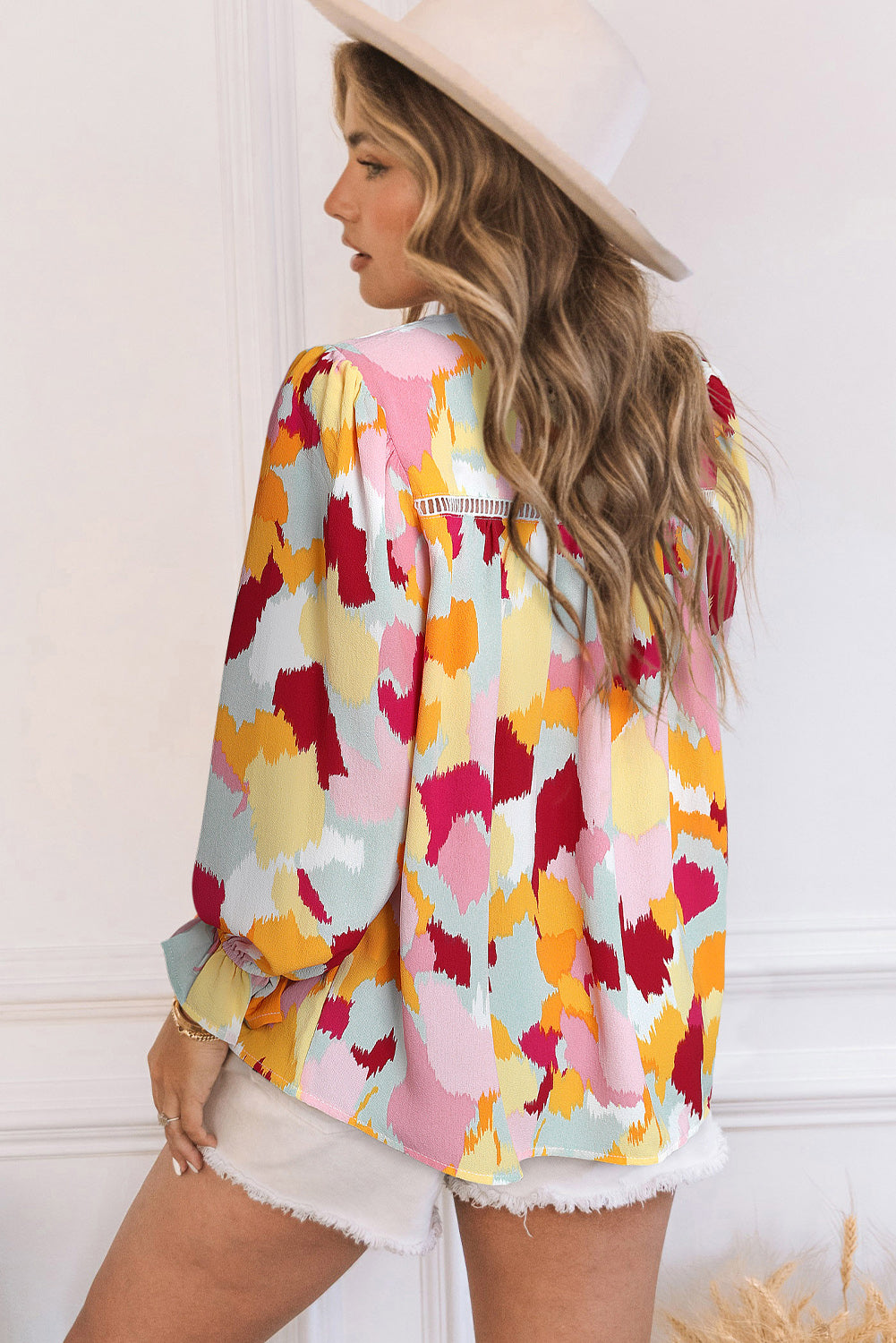 Multicolor Abstract Bohemian Puff Sleeve Blouse