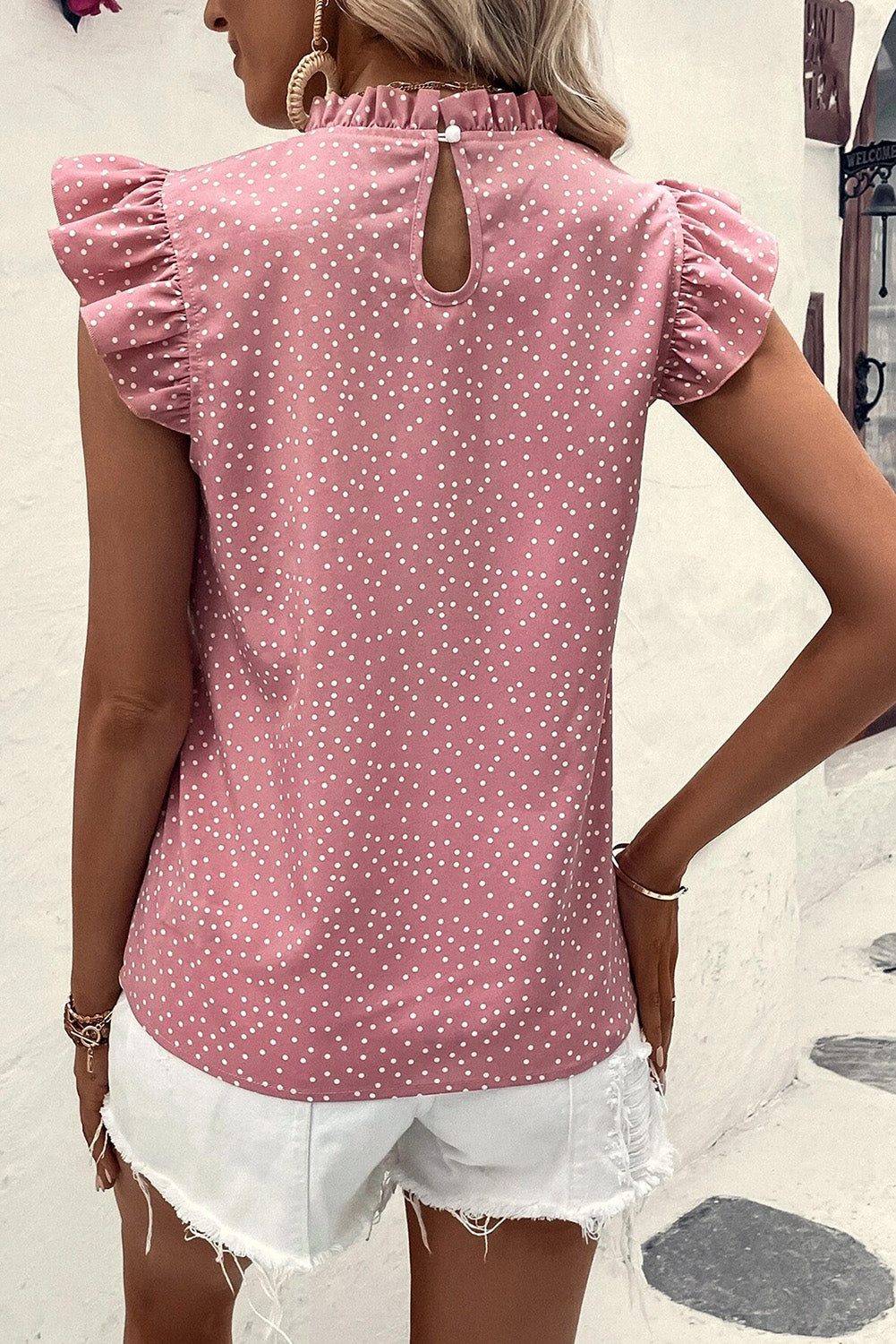 Pink Polka Dot Frilled Neck Ruffle Trim Blouse