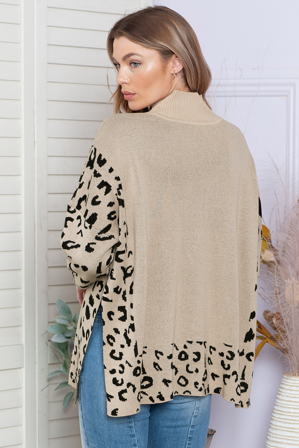 Khaki Leopard Casual Side Slit High Neck Oversized Sweater