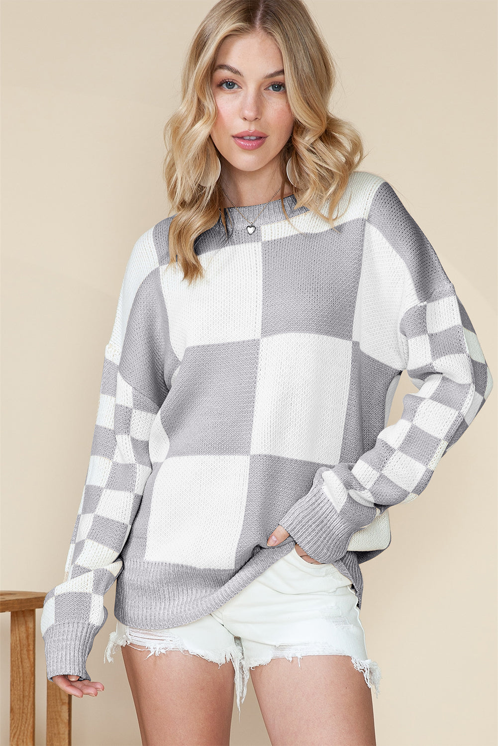 Grey Plaid Knitted Drop Shoulder Loose Fit Sweater